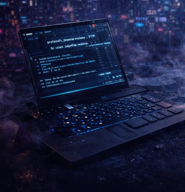Operator station — an analysis laptop beside the cube