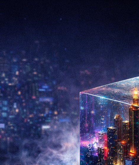 The neon city skyline behind the cube